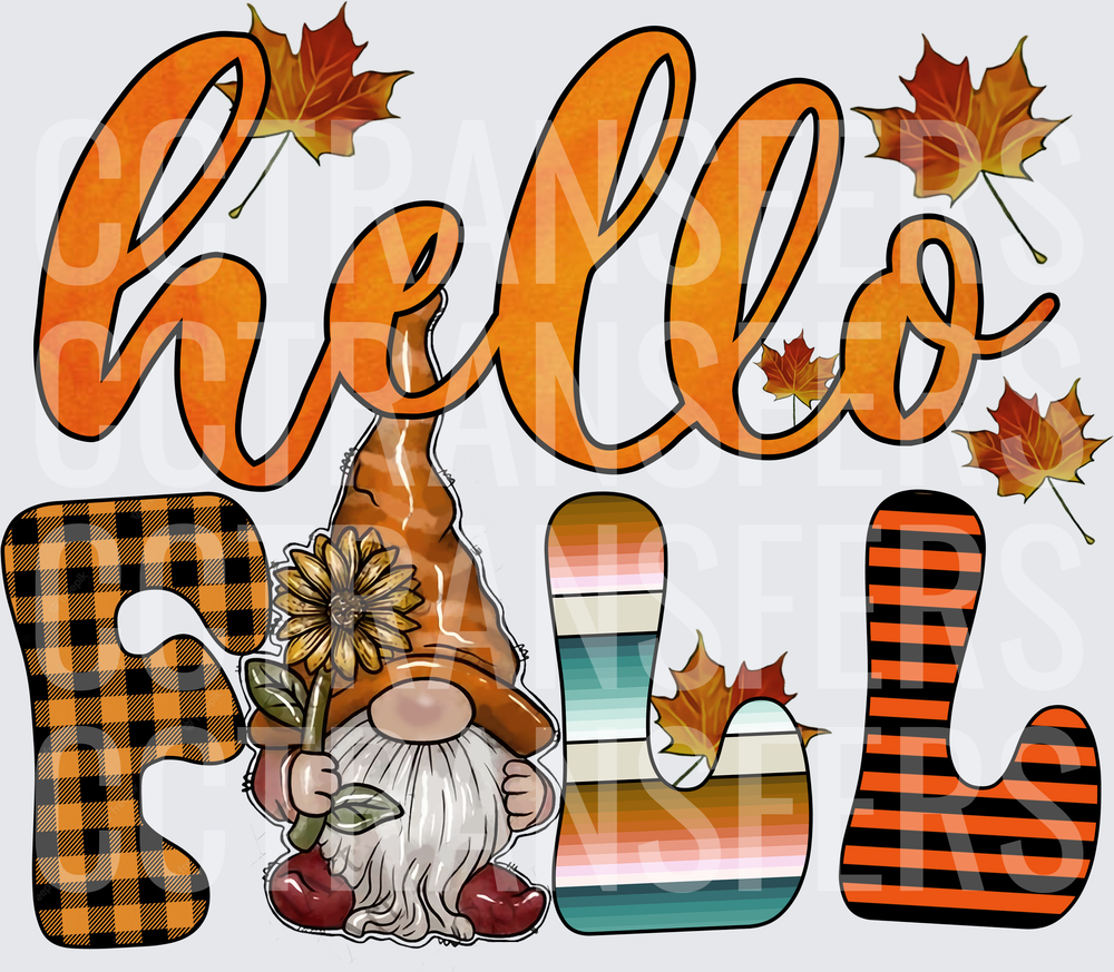 Hello Fall Gnome Sunflower Buffalo Plaid Autumn Leaves (DTF)