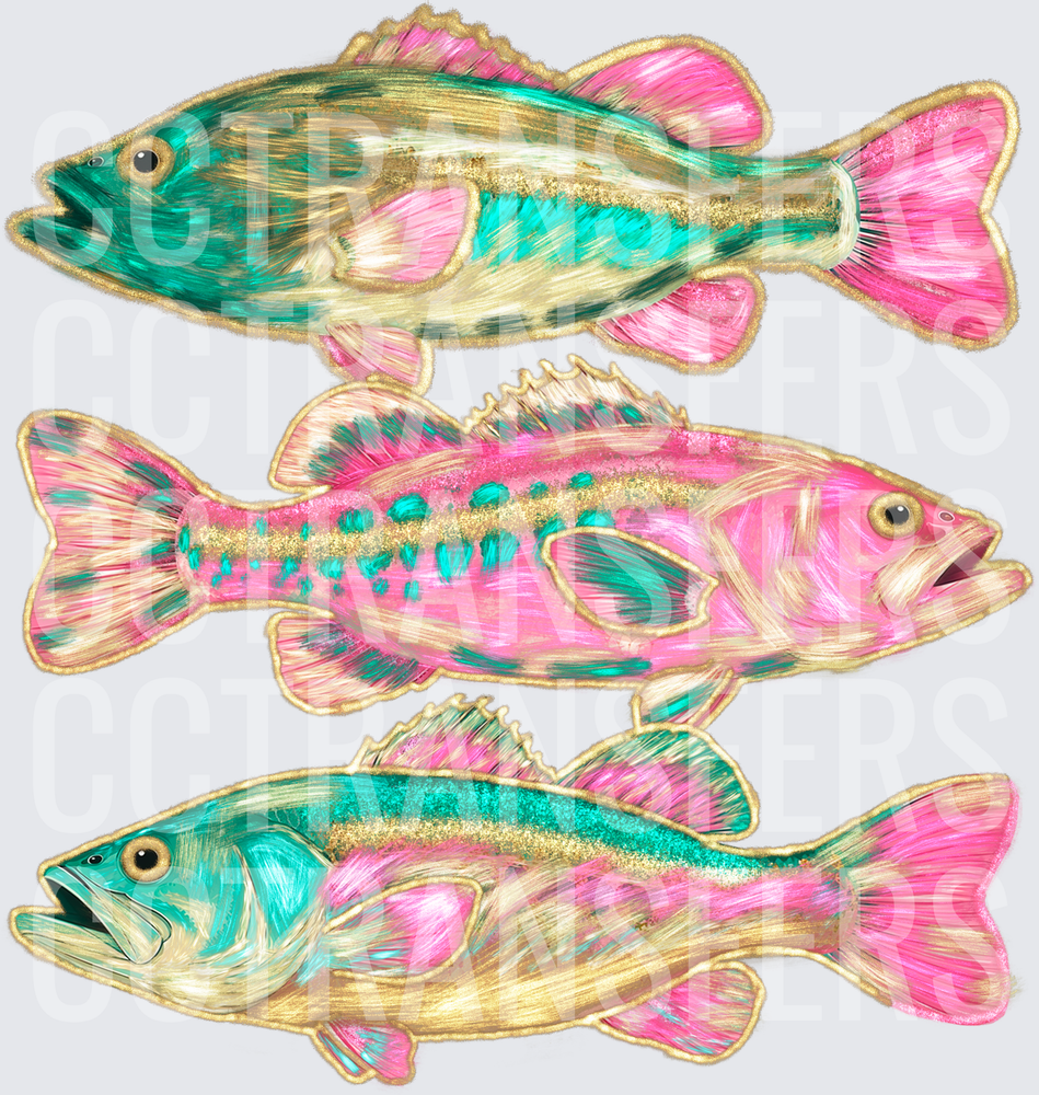 Trio of Colorful Bass Fish Pink Teal Gold Brushstroke (DTF)