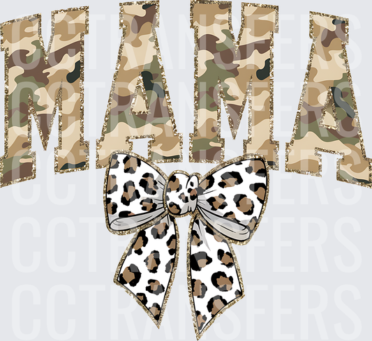 Mama Camo Gold Glitter Letters Leopard Bow (DTF)