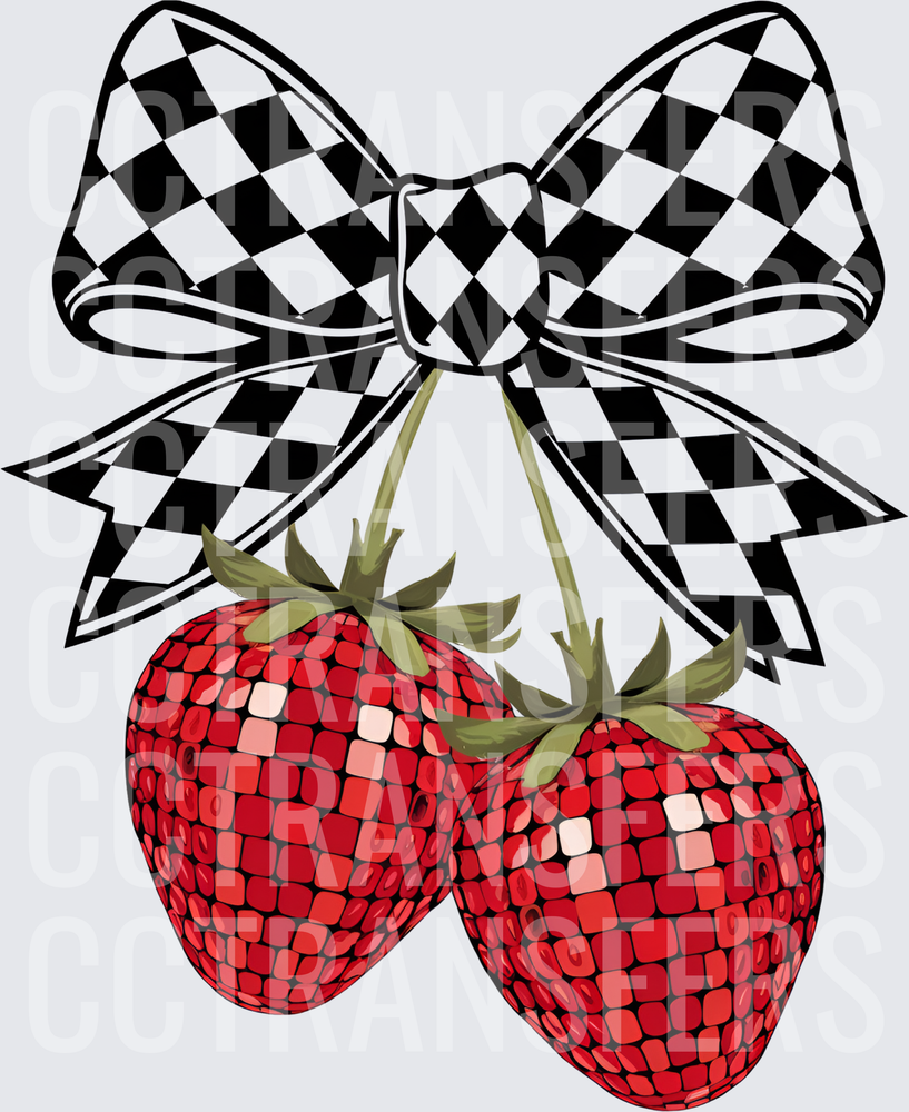Disco Ball Strawberries Black White Checkered Bow (DTF)