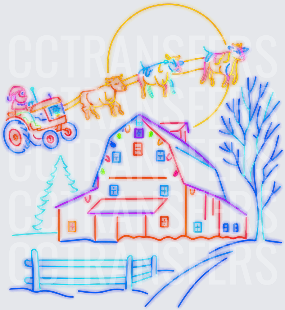 Neon Christmas Santa Flying Tractor Cows Winter Barn (DTF)