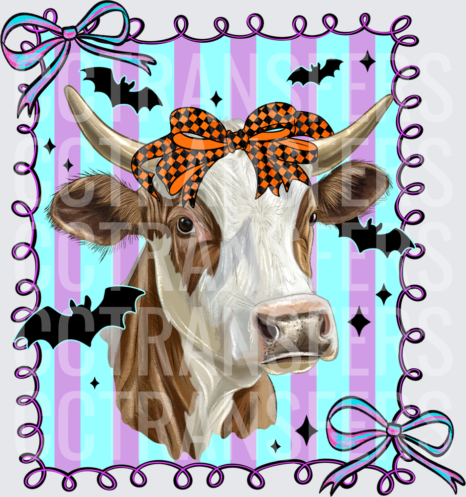 Halloween Cow Orange Checkered Bow Bats Purple Stripe (DTF)