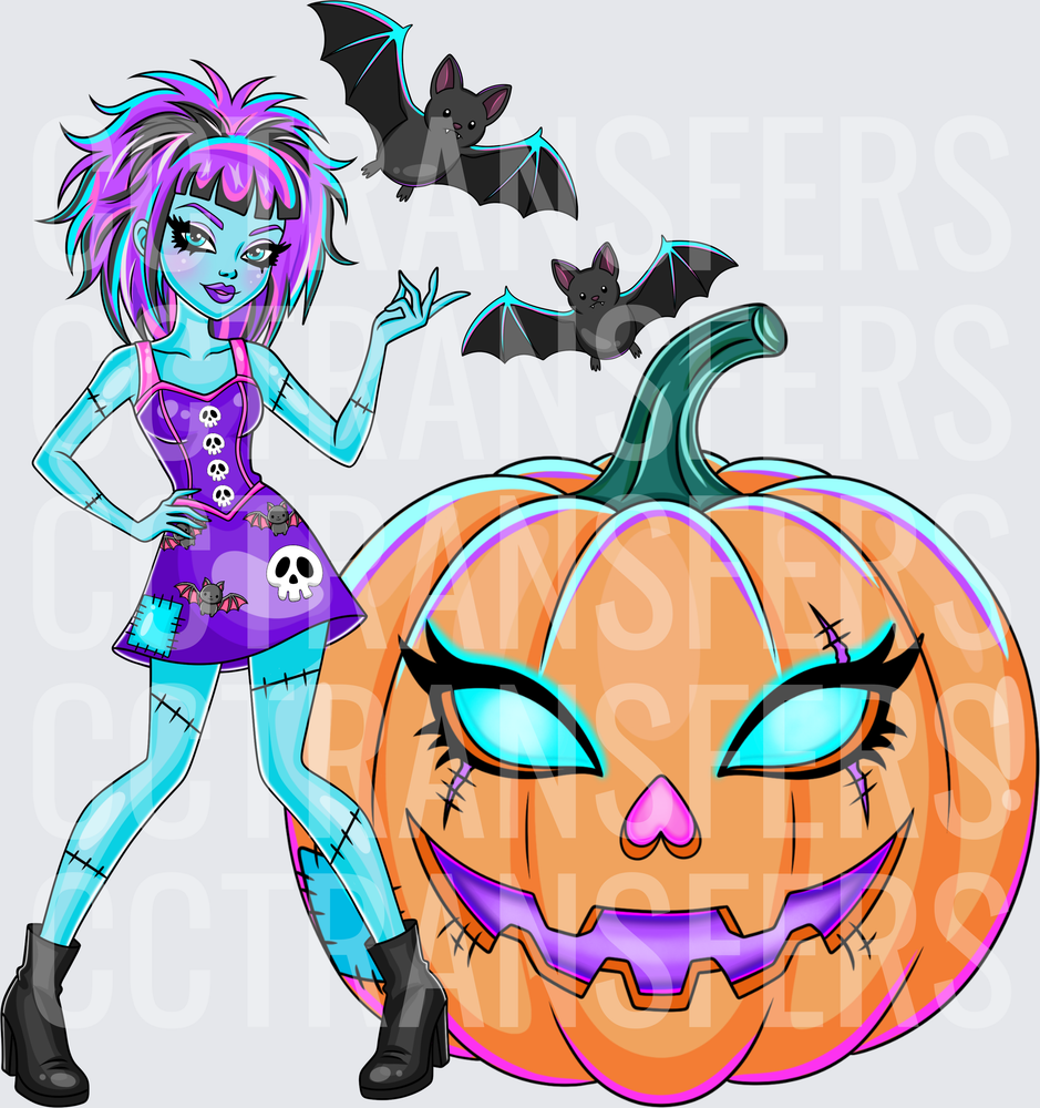 Teal Monster Girl Halloween Pumpkin Bats (DTF)