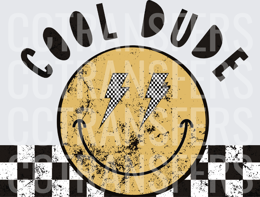 Cool Dude Distressed Smiley Face Checkered Lightning Bolts (DTF)