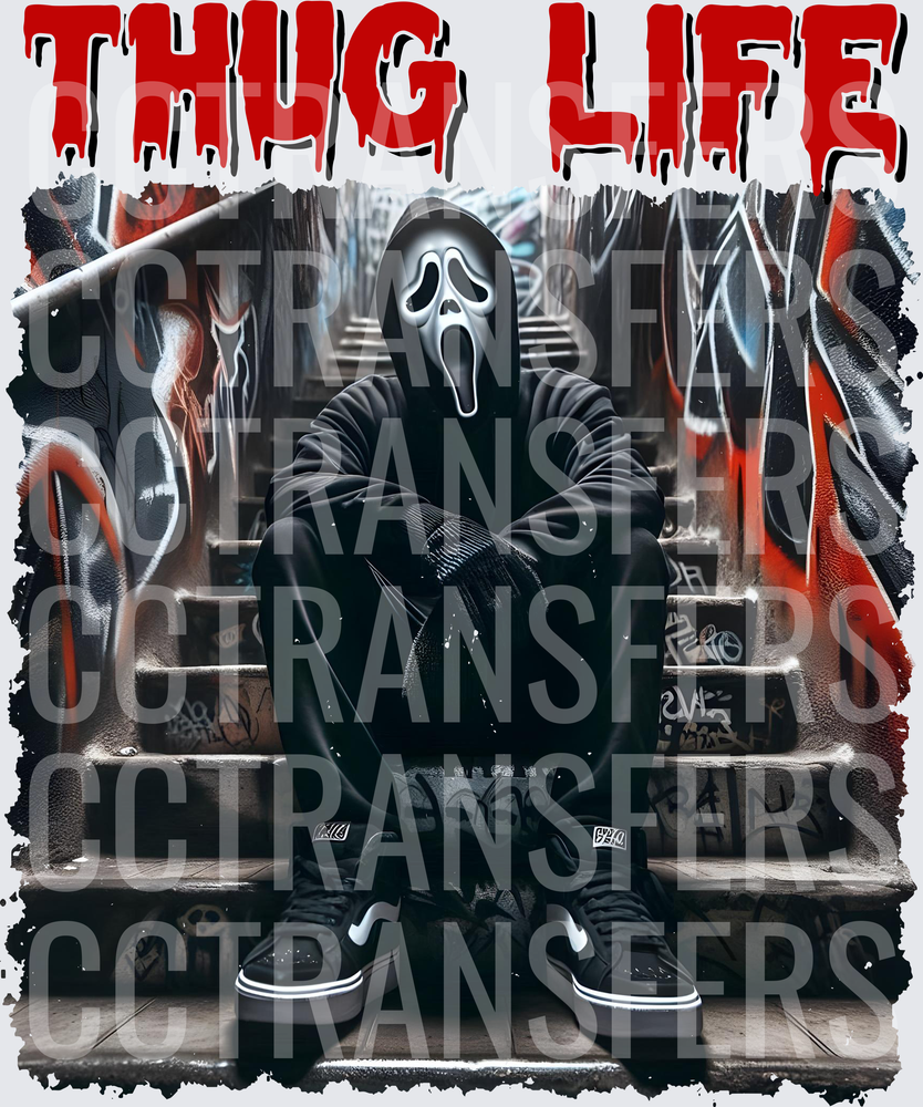 Thug Life Ghost Face Mask Figure On Graffiti Steps (DTF)