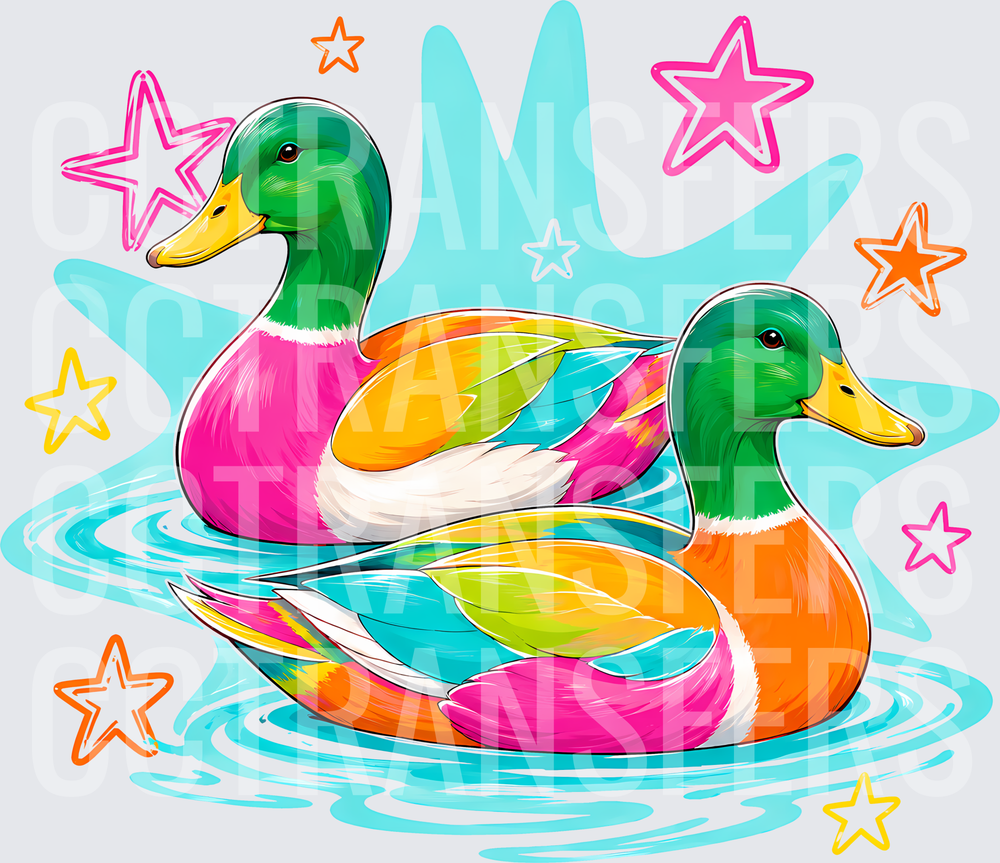 Colorful Mallard Duck Pair Floating with Stars (DTF)