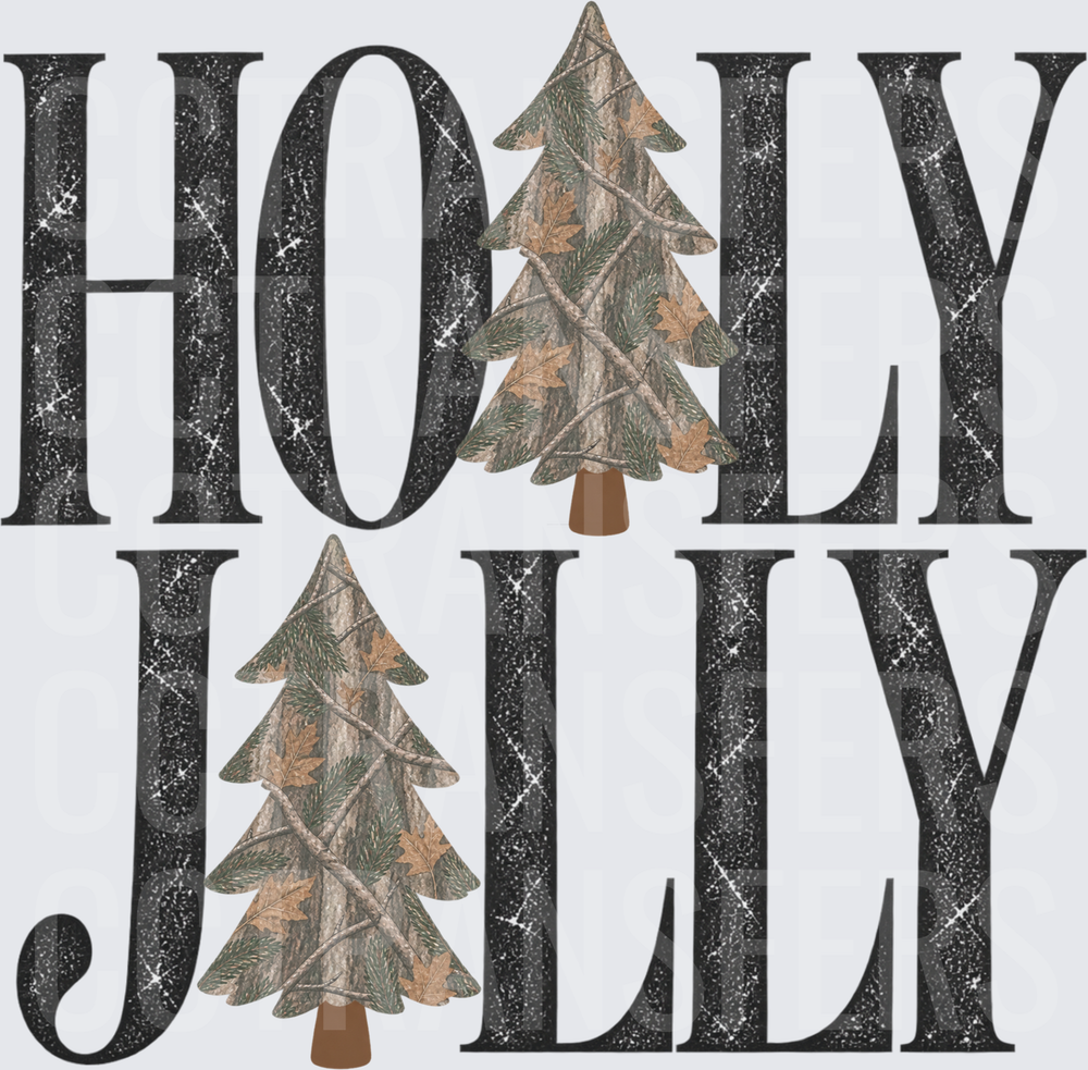 Holly Jolly Camo Christmas Trees Glitter Text (DTF)