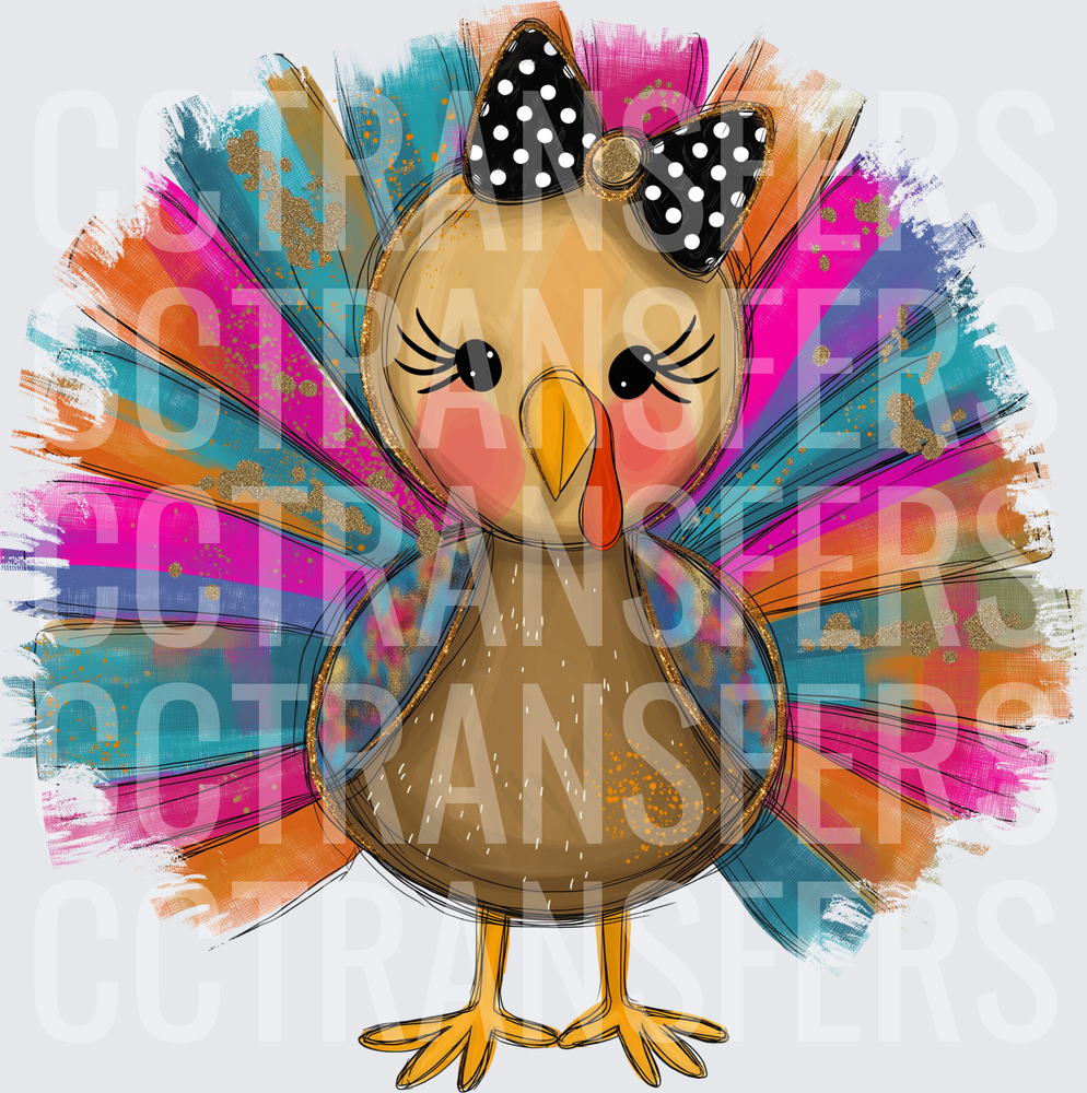 Cute Girl Turkey Black Polka Dot Bow Colorful Feathers (DTF)