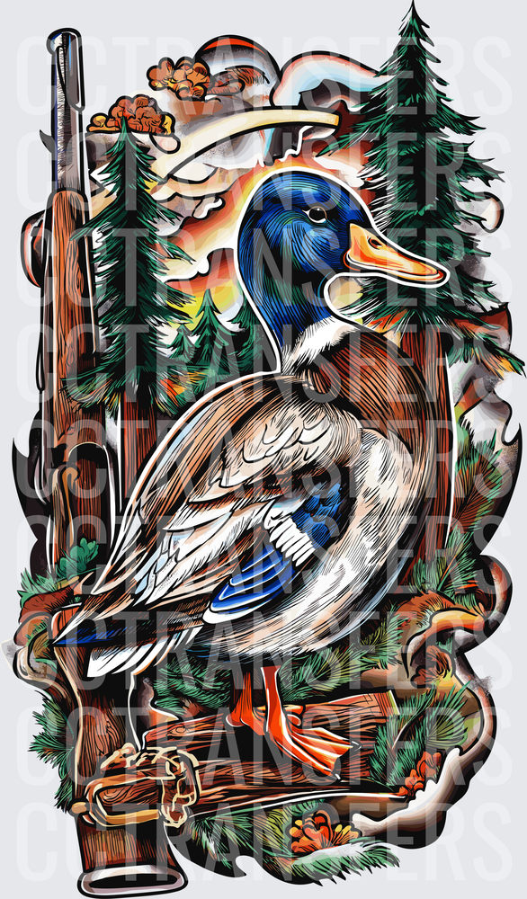 Mallard Duck Shotgun Pine Trees Hunting Scene (DTF)