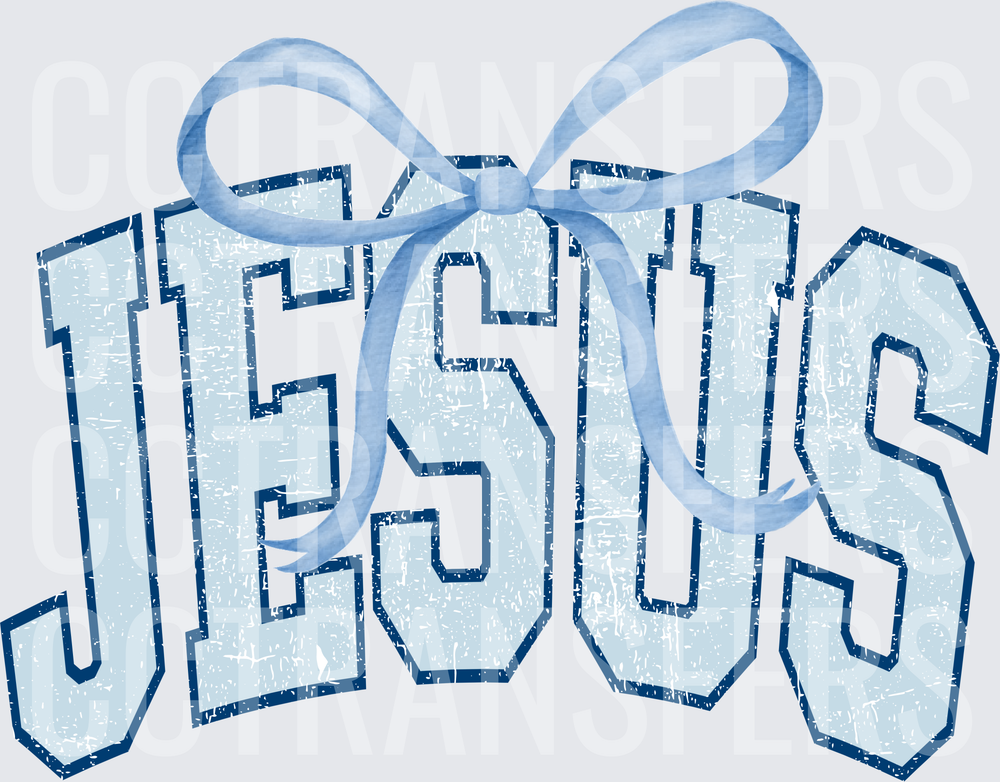 Jesus Distressed Varsity Letters with Blue Bow (DTF)