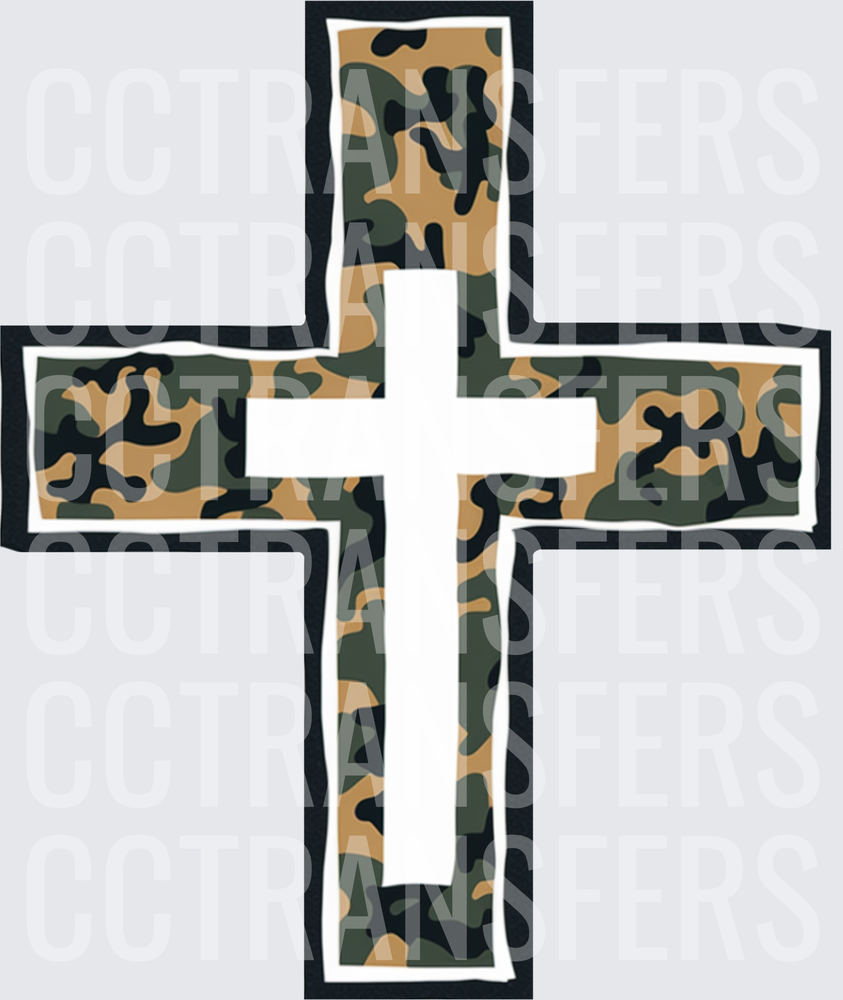 Camo Christian Cross with White Outline (DTF)