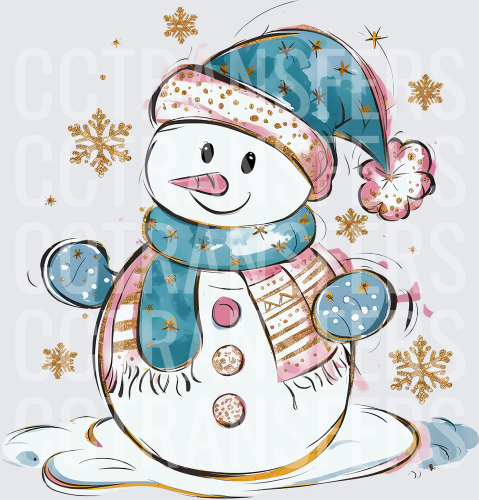 Whimsical Snowman Teal Hat Pink Scarf Gold Snowflakes (DTF)
