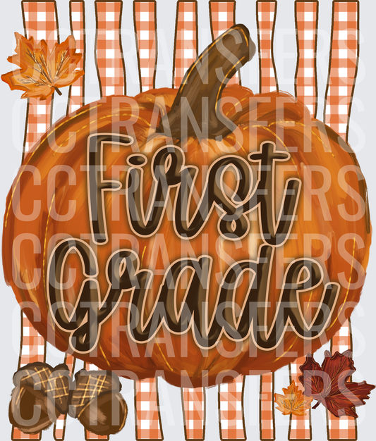First Grade Fall Pumpkin Plaid Autumn Leaves Acorns (DTF)
