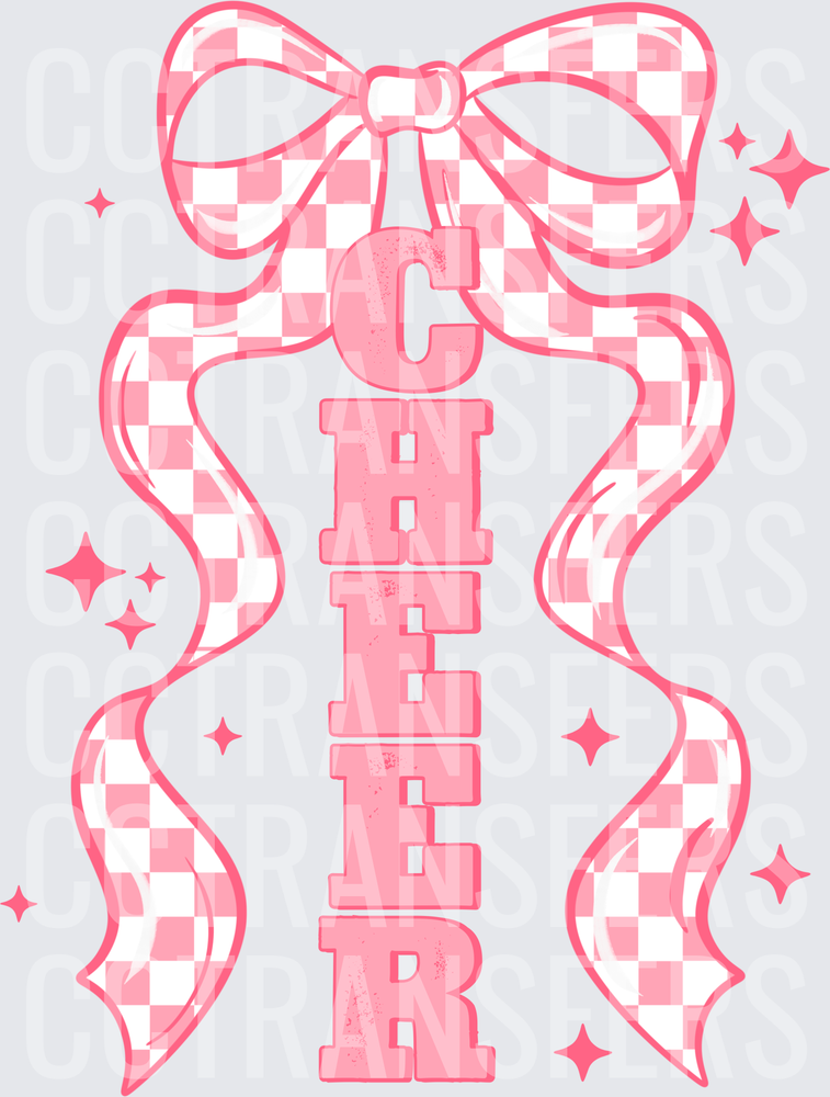 Pink Checkered Bow CHEER Vertical Lettering Sparkles (DTF)