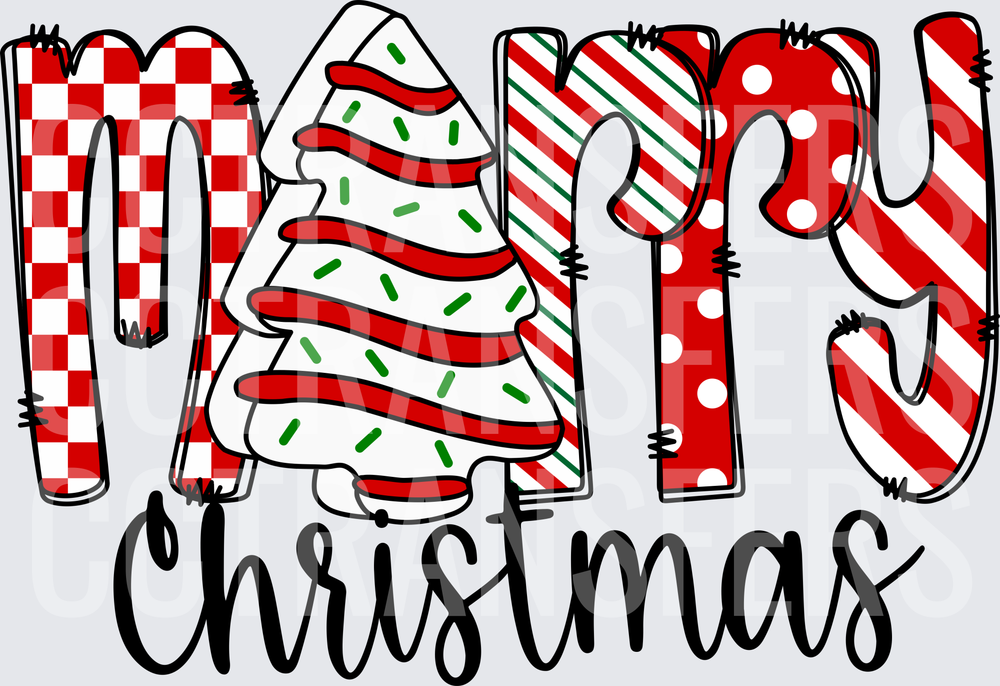 Merry Christmas Patterned Letters Tree Cake Design (DTF)