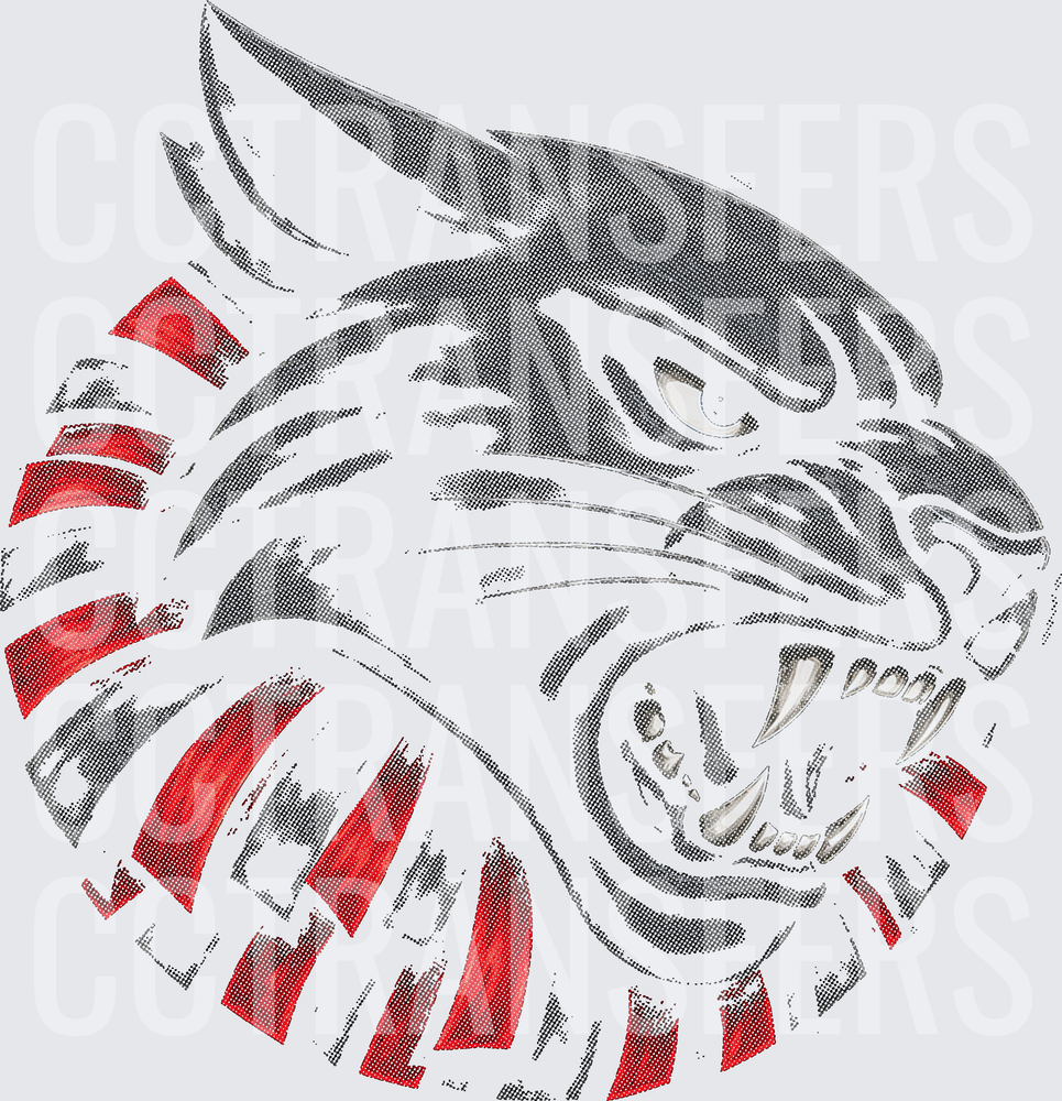 Fierce Wildcat Head Gray Red Stripe Halftone (DTF)