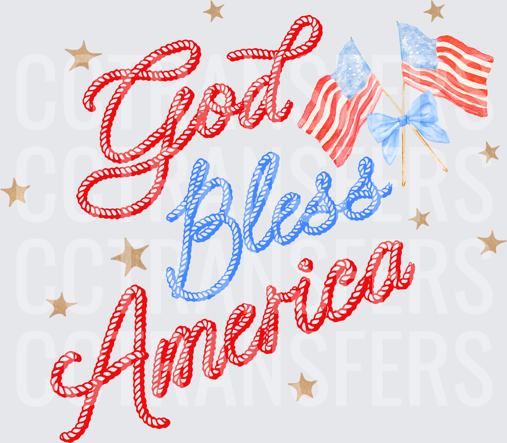 God Bless America Rope Script Stars Flags Bow (DTF)
