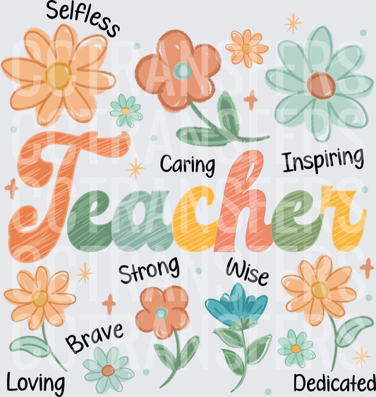 Boho Floral Teacher Selfless Caring Inspiring Brave (DTF)
