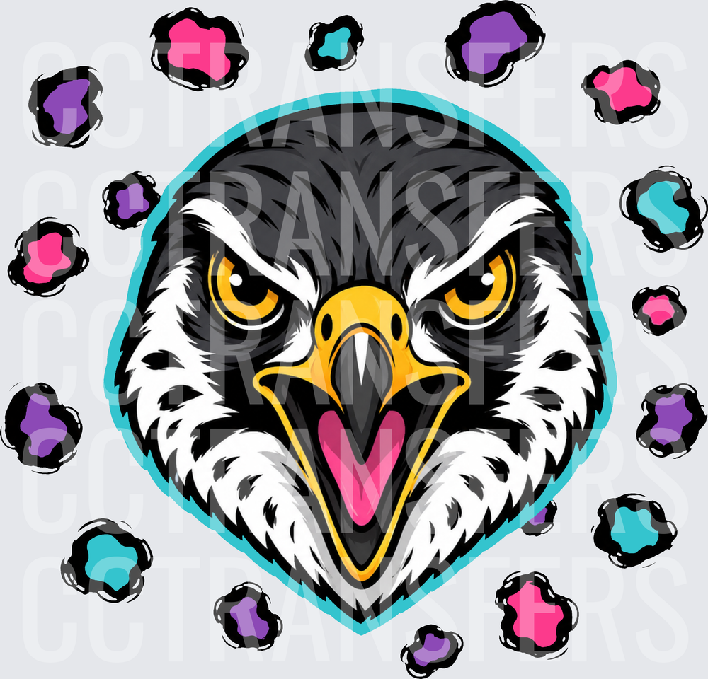 Fierce Falcon Head with Colorful Paint Splatter Spots (DTF)