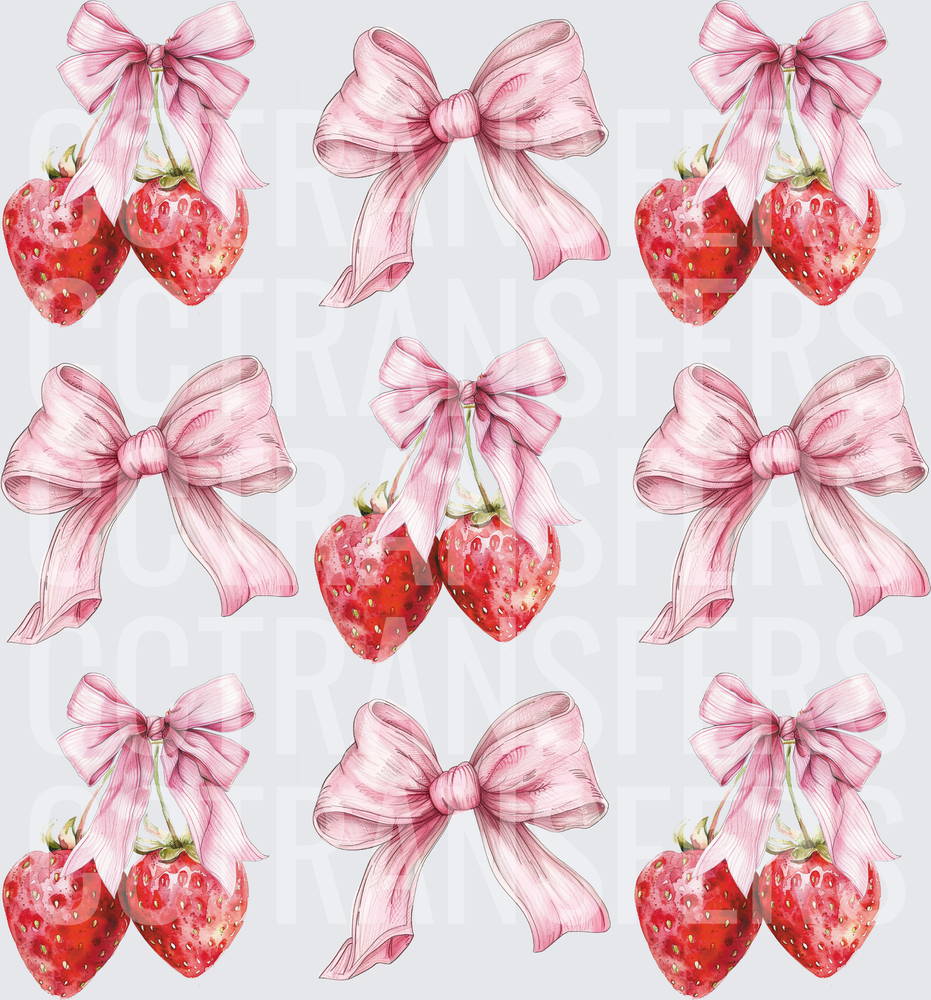Watercolor Strawberry Pairs with Pink Ribbon Bows (DTF)