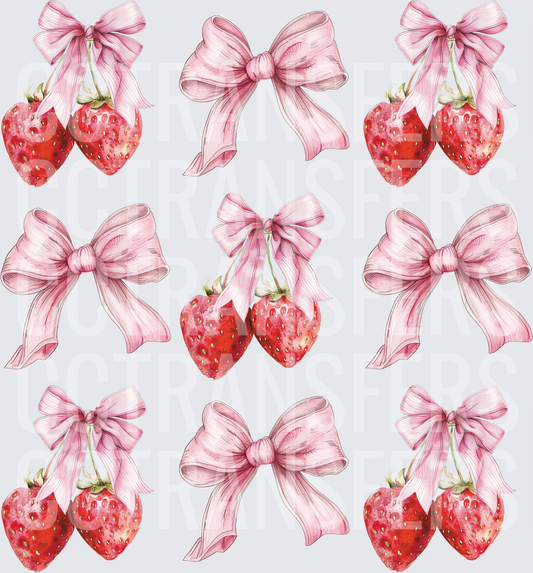 Watercolor Strawberry Pairs with Pink Ribbon Bows (DTF)