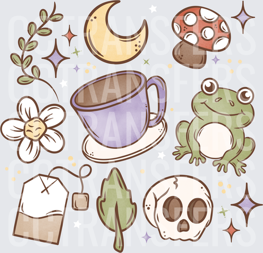 Cottagecore Frog Tea Cup Mushroom Moon Skull Elements (DTF)