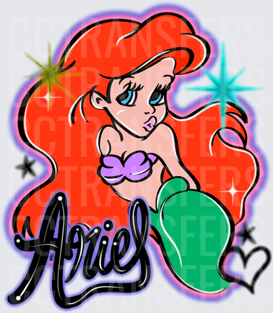 Ariel Mermaid Princess Airbrush Sparkle Design (DTF)
