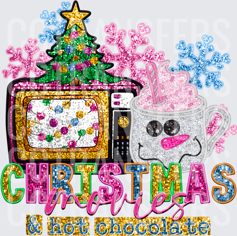 Christmas Movies & Hot Chocolate Glitter Snowflake TV (DTF)