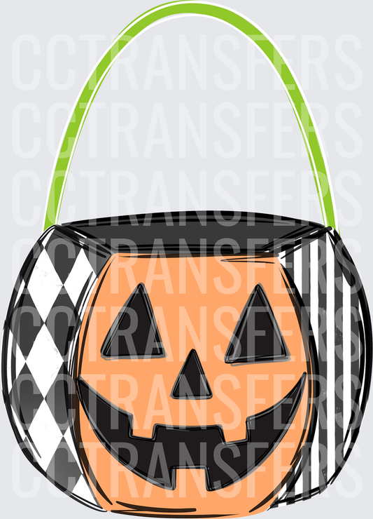 Halloween Jack-O-Lantern Candy Bucket with Green Handle (DTF)