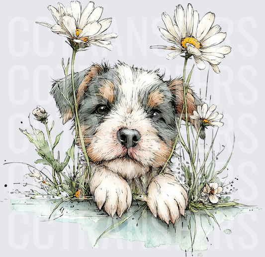 Watercolor Puppy Peeking Through Wild Daisies (DTF)