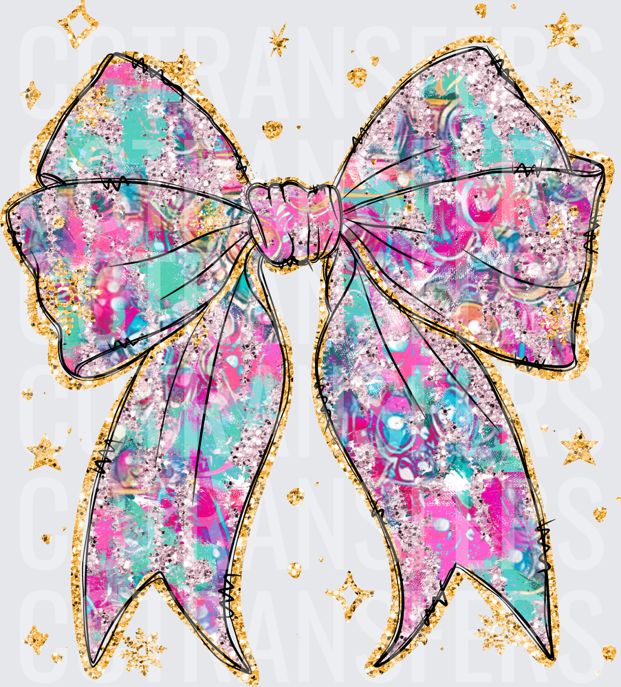 Glitter Bow Pink Teal Abstract Paint Splatter Gold Stars (DTF)