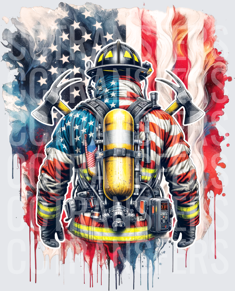 American Flag Firefighter Back View Crossed Axes SCBA (DTF)
