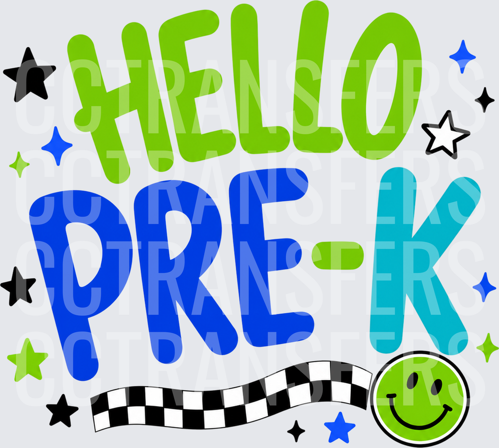 Hello Pre-K Bold Text Stars Checkered Smiley Face (DTF)