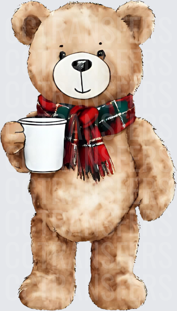 Cozy Teddy Bear with Plaid Scarf Holding Cup (DTF)
