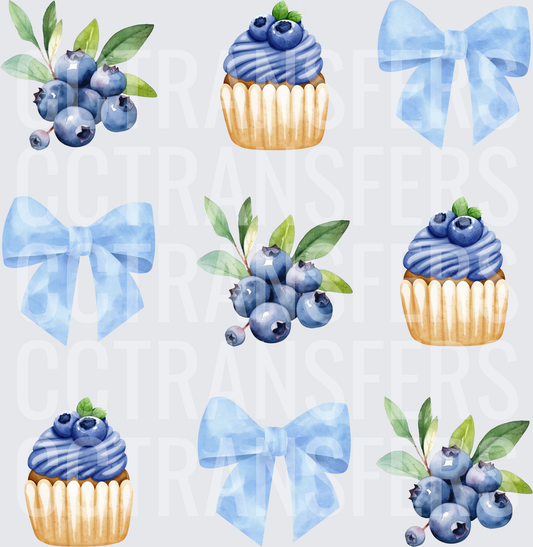 Watercolor Blueberry Cupcakes and Blue Bows Bundle (DTF)