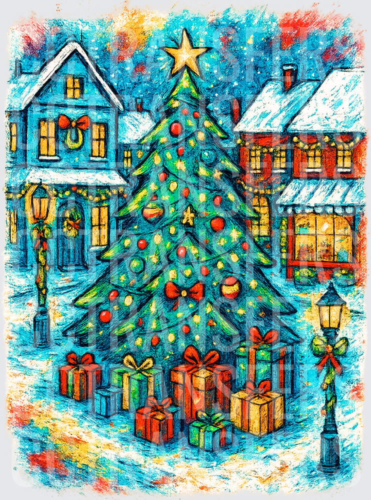 Colorful Christmas Village Tree Gifts Snow Scene (DTF)
