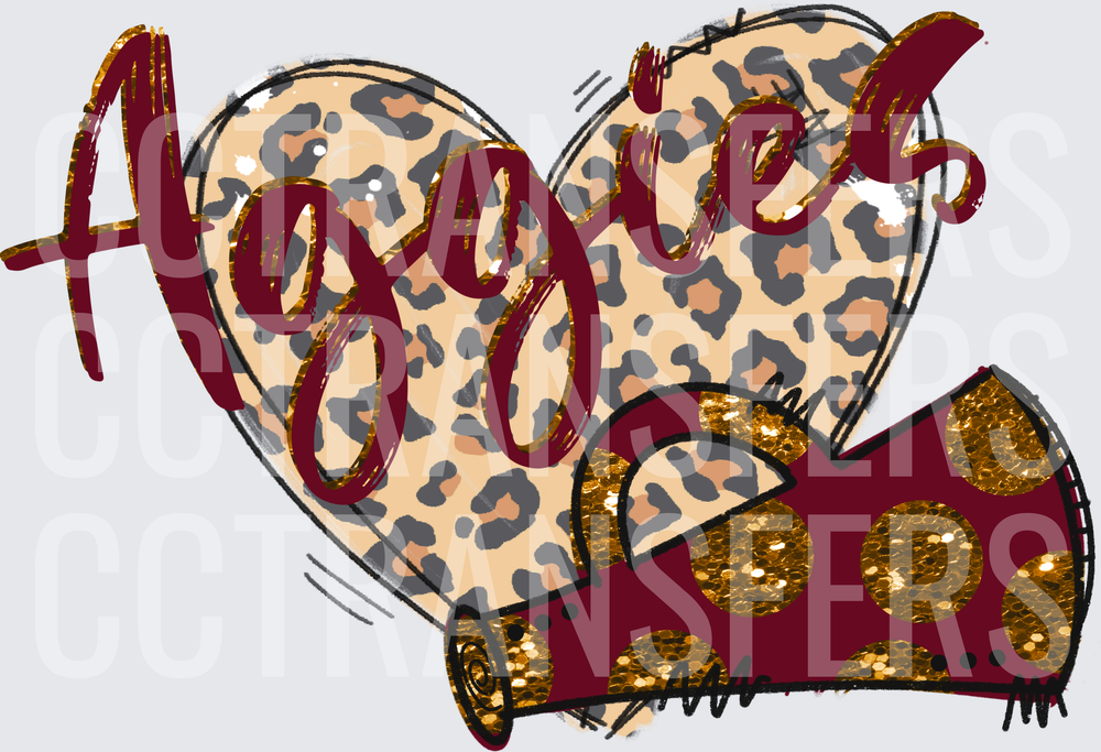 Aggies Leopard Heart Maroon Gold Glitter Bow (DTF)