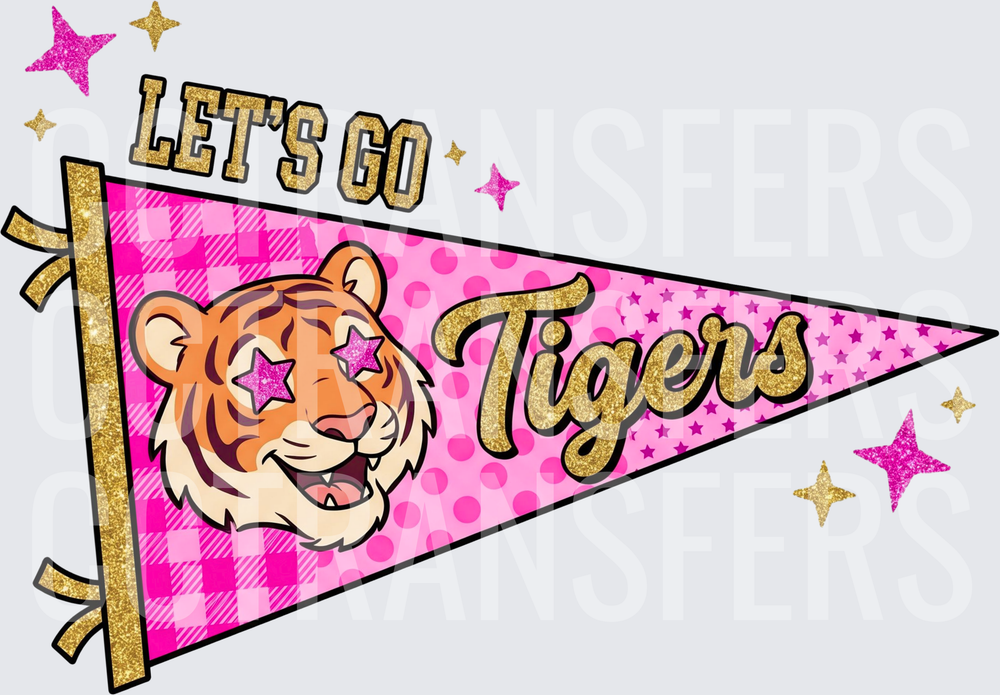 Let's Go Tigers Pink Gold Glitter Pennant Tiger Face DTF