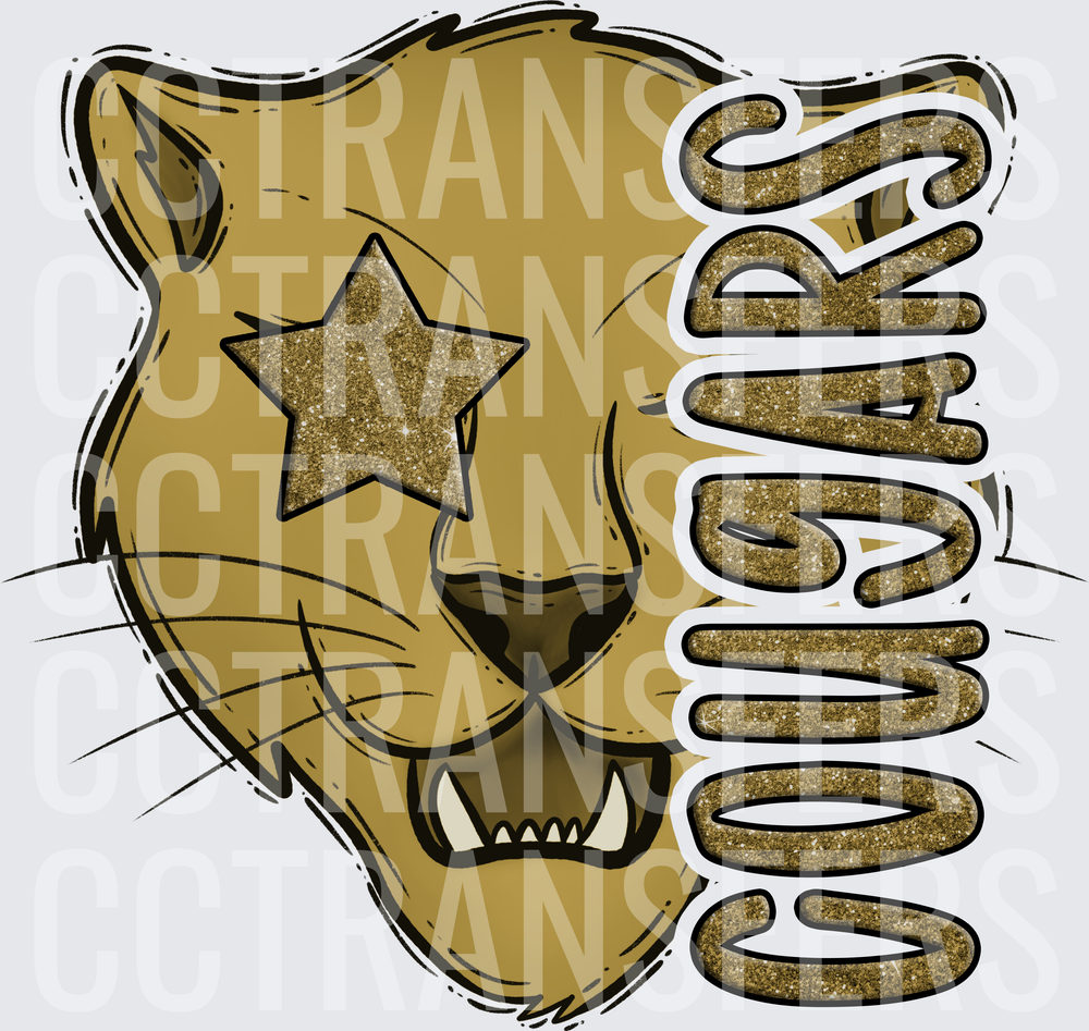 Cougars Mascot Gold Glitter Star Eye Roaring Cat (DTF)