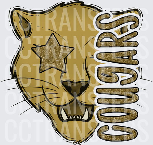 Cougars Mascot Gold Glitter Star Eye Roaring Cat (DTF)