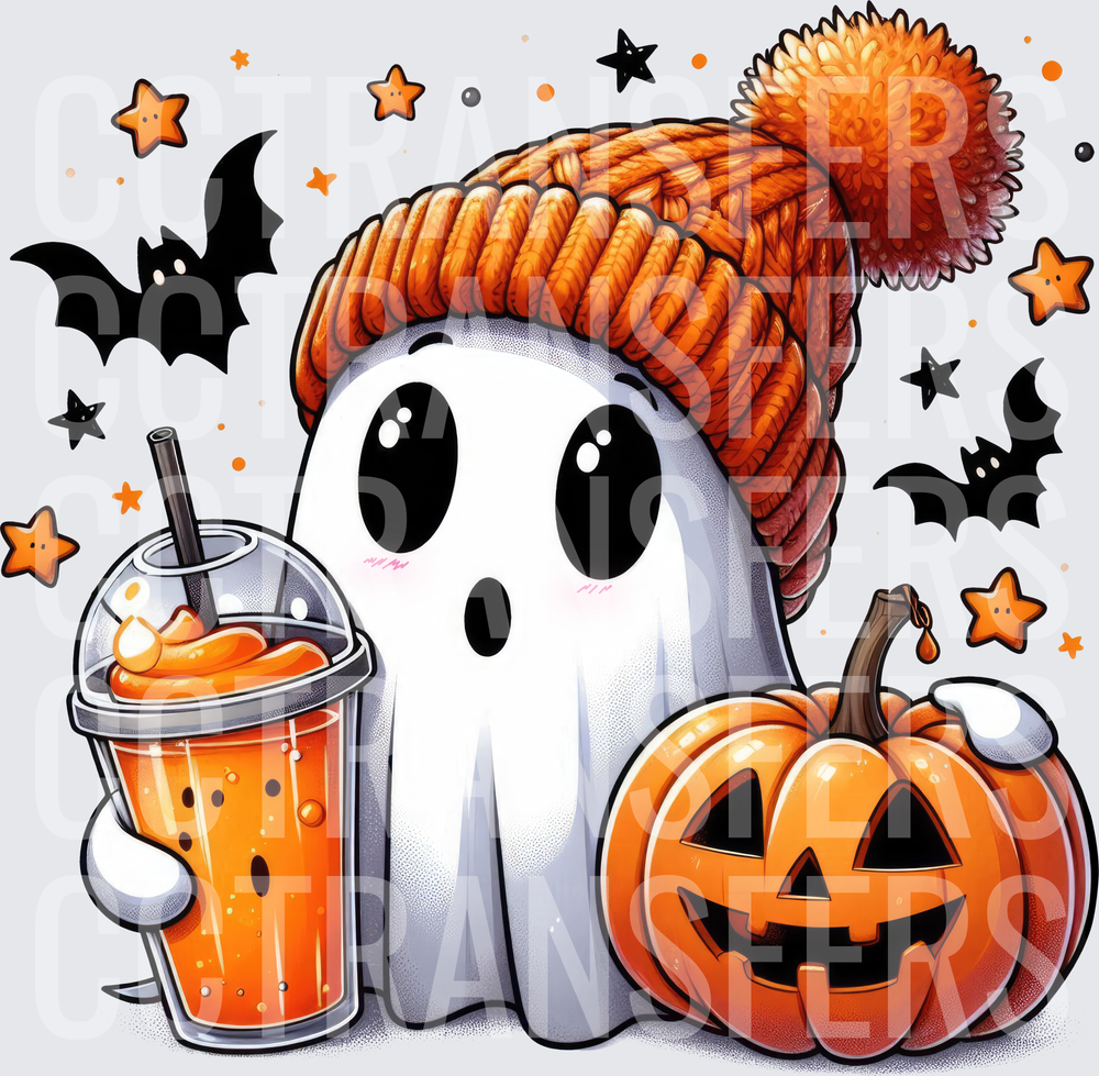 Cute Ghost Orange Beanie Pumpkin Iced Drink Bats (DTF)