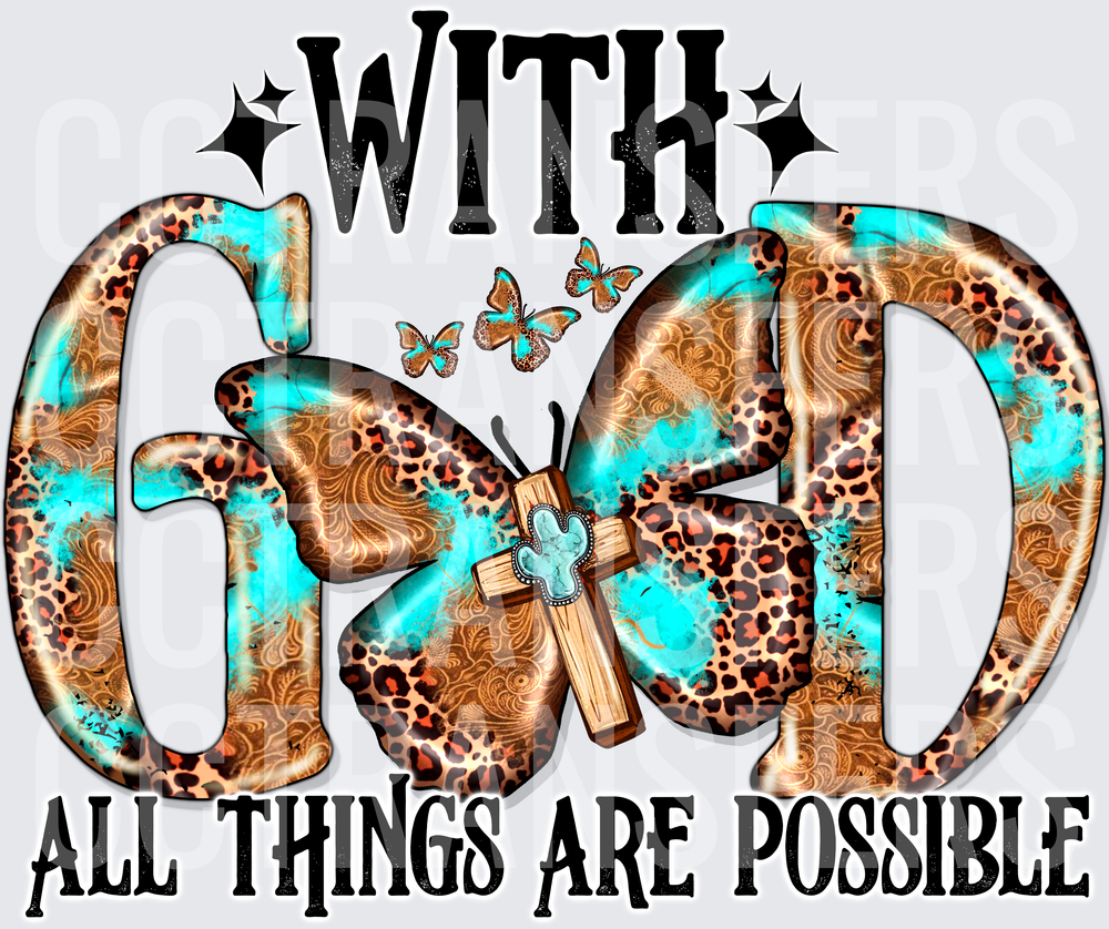 With God All Things Are Possible Leopard Turquoise Cross (DTF)