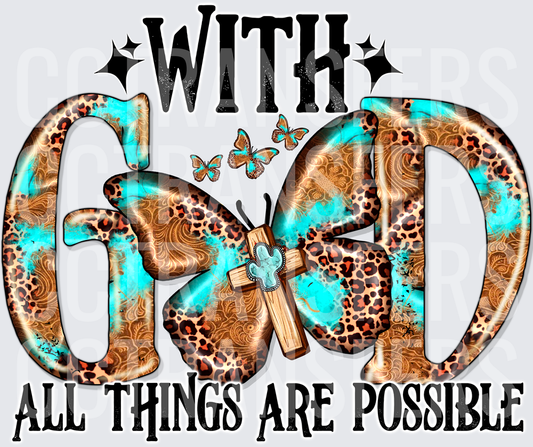 With God All Things Are Possible Leopard Turquoise Cross (DTF)