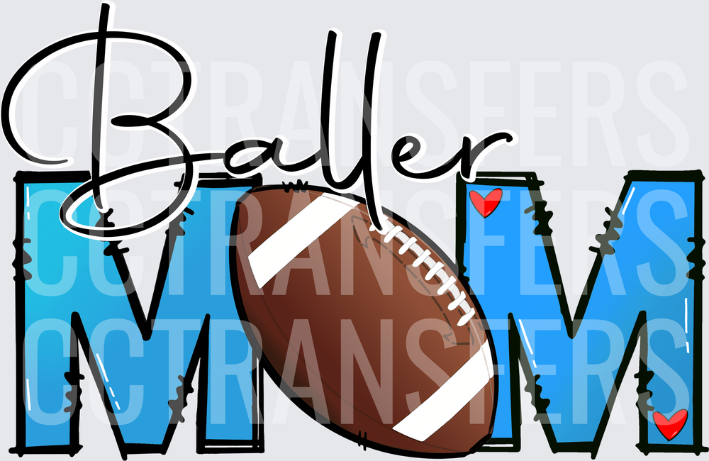 Baller Mom Football Blue Bold Letters Red Hearts (DTF)