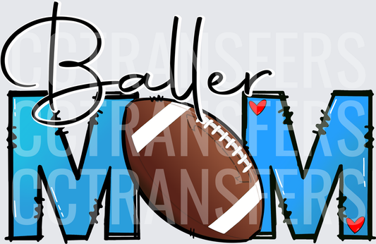 Baller Mom Football Blue Bold Letters Red Hearts (DTF)