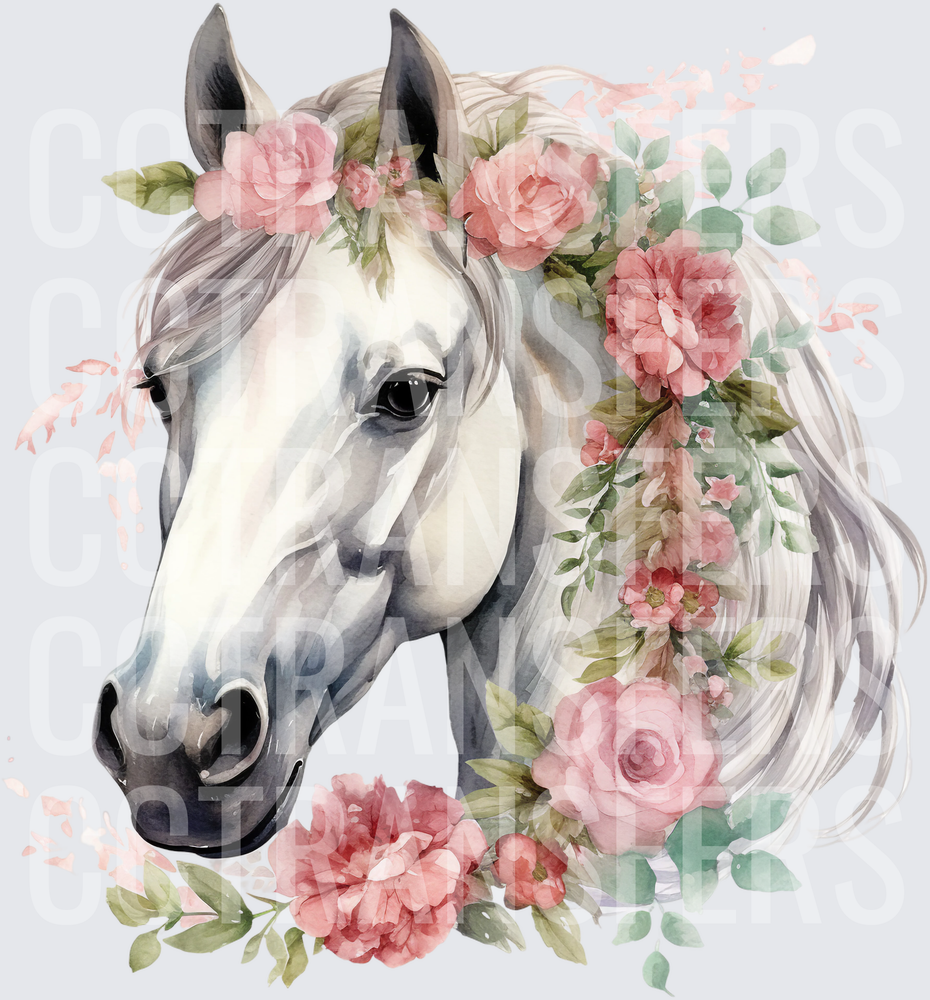 Watercolor White Horse with Pink Floral Crown (DTF)