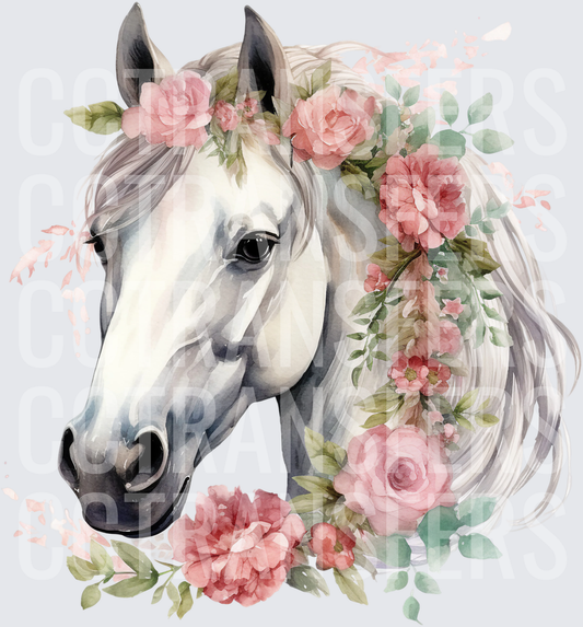 Watercolor White Horse with Pink Floral Crown (DTF)