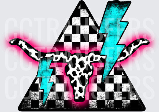 Cow Print Longhorn Skull Checkered Triangle Teal Lightning (DTF)