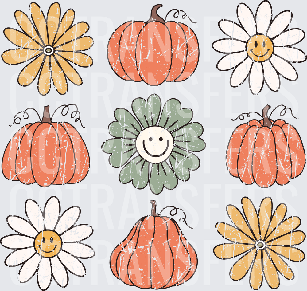 Retro Groovy Fall Pumpkins Smiley Daisies Bundle (DTF)