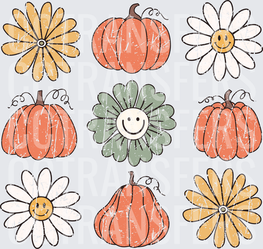Retro Groovy Fall Pumpkins Smiley Daisies Bundle (DTF)